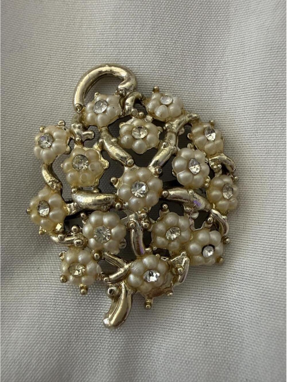 Vintage Faux Pearl Flower Basket Brooch Rhinestone Pin